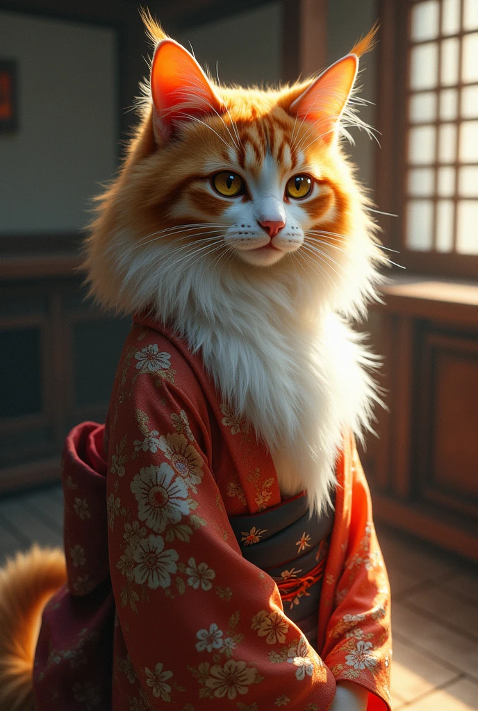 Japanese Yokai、Cat、Anthropomorphic female calico cat:1.5、Detailed whisker pads:1.5、The body is human、Detailed long flowing hair with bangs、Wearing traditional Japanese kimono、Night after night, I lick the oil from the lantern、Traditional Japanese House、Exquisitely detailed kimono texture:1.5、Beautifully detailed fur texture、Very detailed、Ethereal、Shine、mysterious、Fantasy、Ukiyo-e style、Bright colors、Dramatic lighting、Digital Painting、8k、high quality