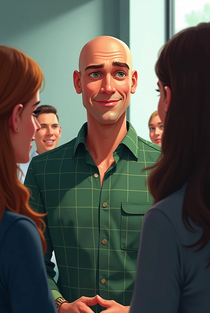 Employees bidding farewell to manager Dipen. He is a Software Engineer. His name is Dipen. He has js and aws experience. He has green eyes and is bald. He is fair. He wears green checks shirt and is tall and slim