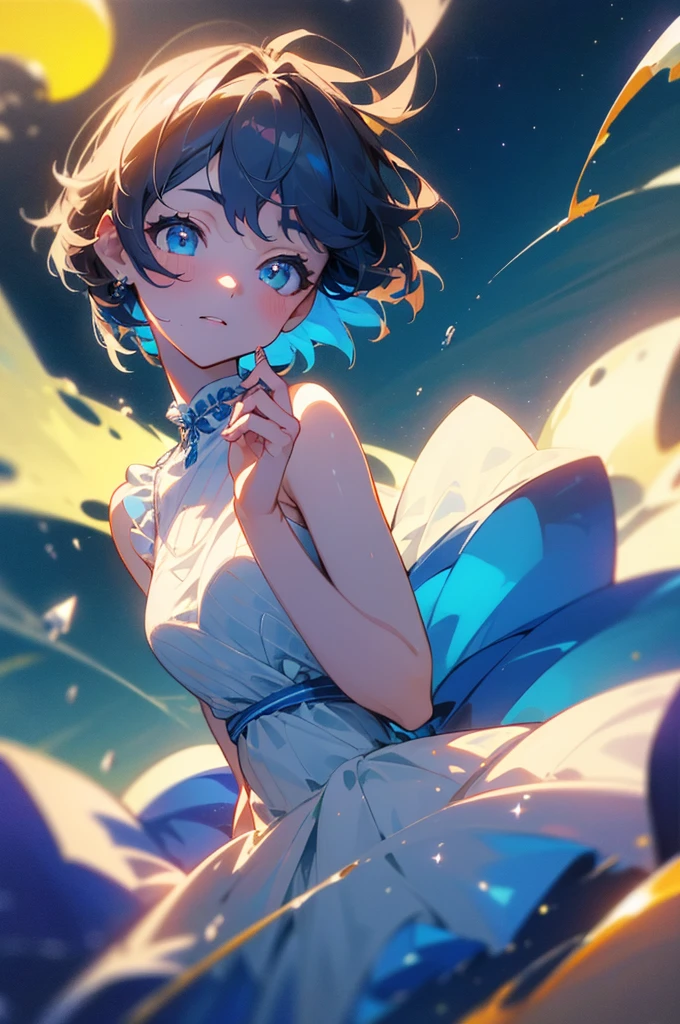 Original Characters、Volume Lighting、Best Shadows、Shallow depth of field、Portrait of an amazingly beautiful girl、Delicate beautiful attractive face with petite and seductive eyes、Pearl Necklace, Long Satin White Gloves, satin, White Dress, bride, the kiss, A smile、Sharp Eyebrows、Black Hair Shortcut Hair、Blush Eyeshadow、Shining eyes、Dark eyelashes、Slim waist、(top-quality、Superb Detail:1.25)、(独奏:1.3)、Brilliant Colorful Paintings