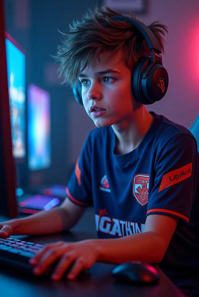 A young man gamer wearing esports jersy with a name "Arigathings" at the back of the shirt