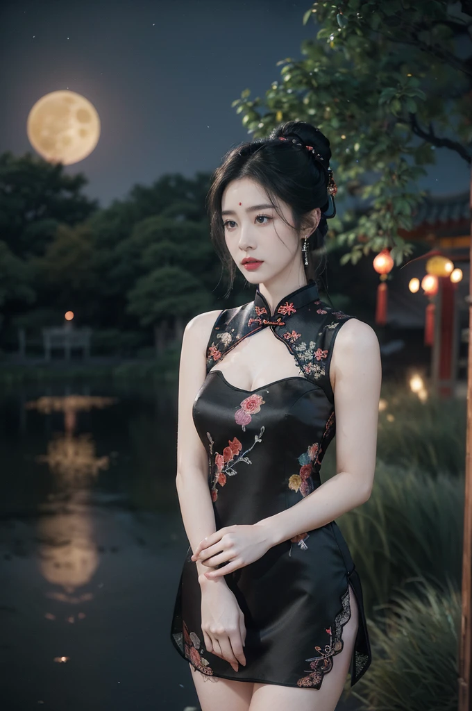(((best quality))),(((ultra detailed))),(((masterpiece))),illustration,((1 beautiful girl,solo)),(bun hair:1.2),(Ghostly makeup:1.3),(fair skin:1.5),(red lips:1.2),(earrings:1.2),((slim,thin)),((small breasts,flat chest,cleavage)),(black floral embroidered lace sleeveless cheongsam:1.5),(thigh loop:1.3),(slender legs:1.2),(stockings:1.3),(standing:1.3),(A huge moon in the sky:1.3),(moonlit Chinese garden courtyard:1.3),(Ghost Festival:1.3),(Ghostly flames are drifting in the air:1.3),elegant and sophisticated,intricate patterns,curves,dark color,striking visual appeal,ethereal,enchanting,ghostly black blossoms,swaying branches,stone pathways,moss,eerie shadows,ancient pavilion,intricate wooden structure,mystery and intrigue,cicadas chirping,auditory symphony,embodiment of the festival's spirit,bathed in the moon's glow,delicate features,raven-black hair,waterfall of darkness,moon's luminance,captivating allure,sleek fabric,clung to frame,accentuating curves,highlighting beauty,striking appearance,ethereal beauty,hauntingly beautiful scene,captured essence,blend of beauty and mystery,(night scene:1.3),((from front,upper body))