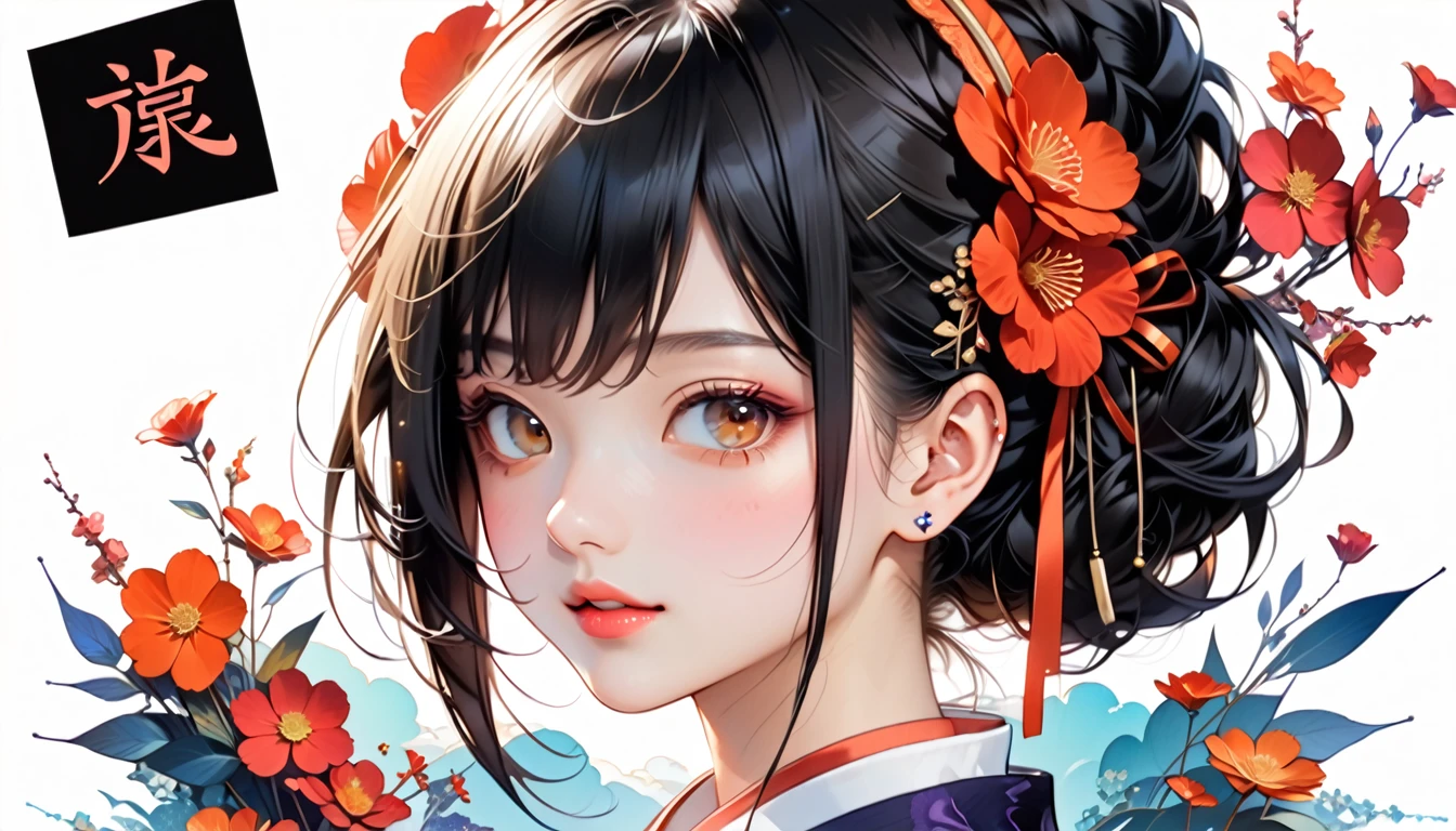(((Ink painting))), Colorful fashion pictures, (((1 girl))), (((Tattoos on the face))), (((Great hair accessories))), Japanese style headphones, Face up close, Japanese beautiful girl, Black hair, Sensitive and precise, Modern Ukiyo-e style