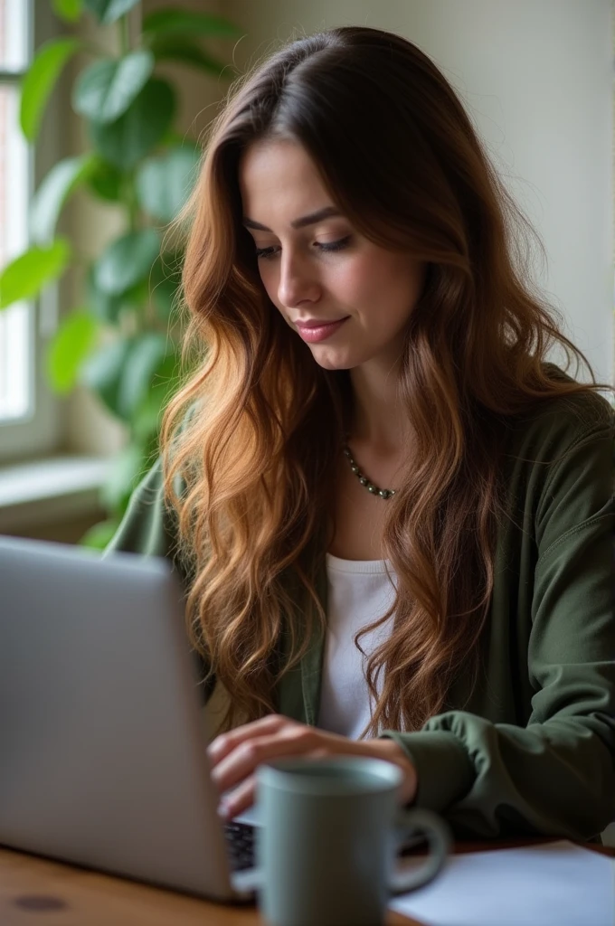 I need an image lf a beautiful long hair gurl in beautiful environment working on laptop and gadgets looking like project manager