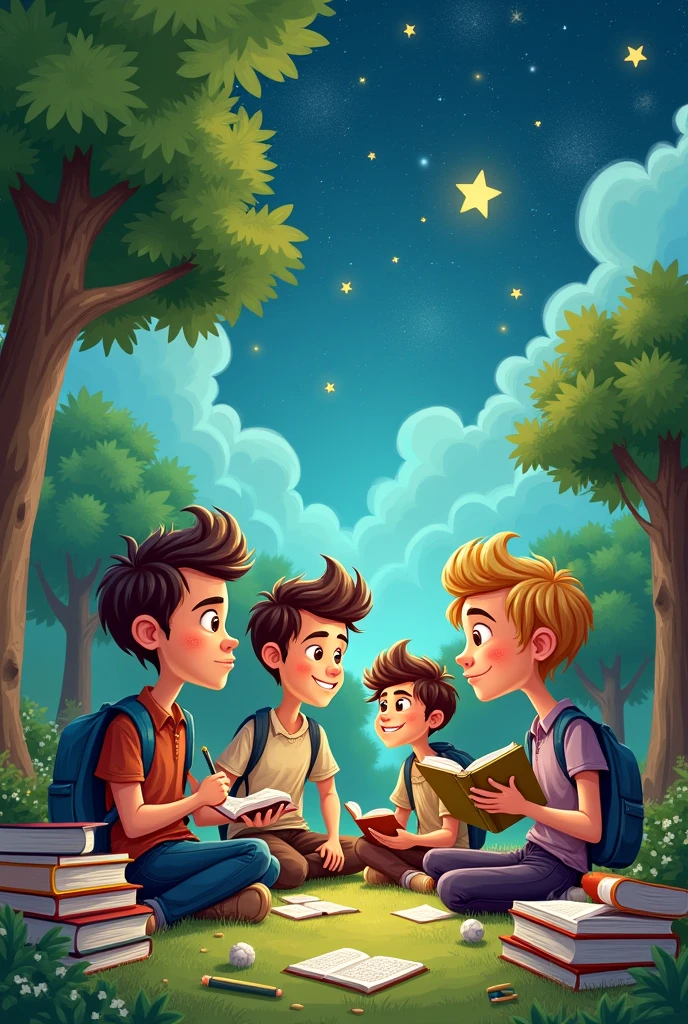 make me an HD caricature character with the theme of students studying in the park and beside them there are trees and shooting stars
