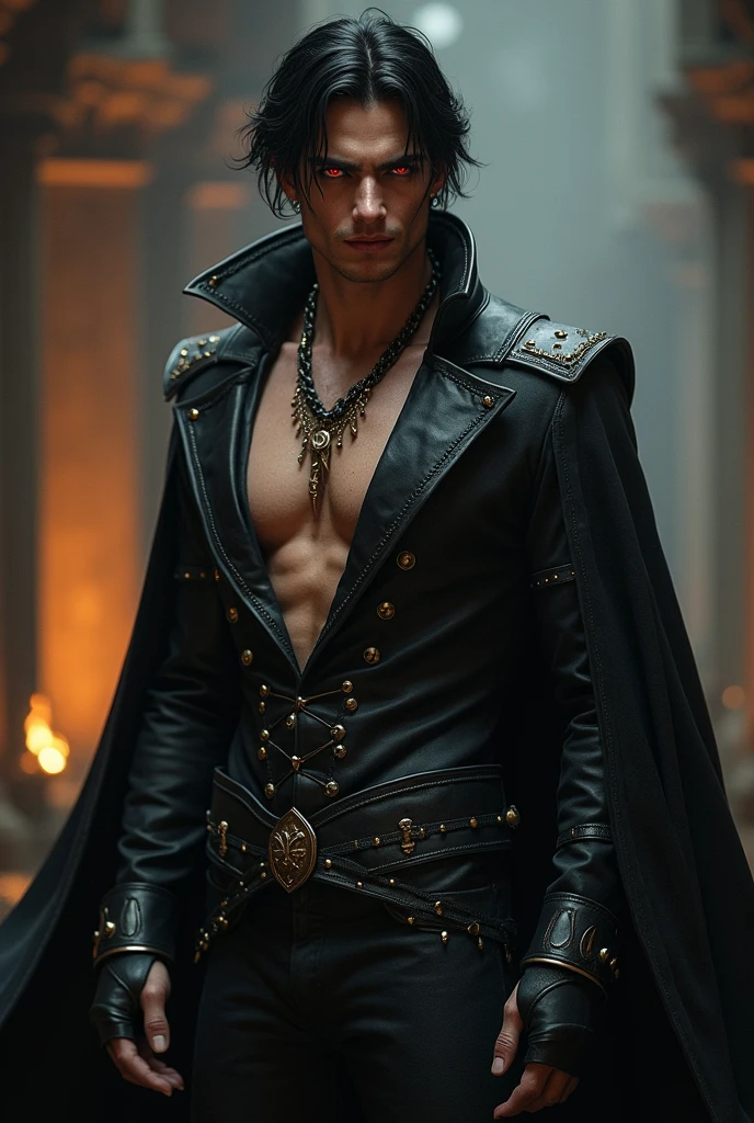 Man.
20 years old
Is tall.
Has dark hair.
Has an extremely attractive appearance, with an otherworldly look.
Has a lean and muscular build.
Has a pair of intense crimson eyes.
Has very sharp fangs and claws.
Wears elegant and revealing clothes that highlight his appearance.
Comes from a medieval fantasy world.
A smug smile on his face