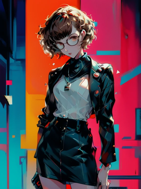 in the art style of persona5, (masterpiece:1.2, highest quality), (Realistic, photoRealistic:1.4), Beautiful illustrations, (Natural Side Lighting, Cinema Lighting), Written boundary depth, Beautiful thighs staring at the viewer, 1 female, 20-year-old, alone, thin, slender, (small breasts), short Hair, Curly Hair, Forehead, Forehead, Forehead, Forehead, thin, slender, glasses, blouse, sexy pencil skirt, Are standing