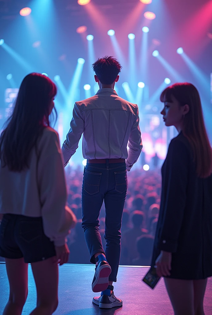 I want you to create three characters, a boy and two girls, with the allusion that the boy is a K-Pop idol and the two girls are fans, but one of them is obsessed and manipulates the other to harass the idol. The boy must be on the stage while the girls watch him, and one of the girls has a knife hidden behind her and a photo of the idol.