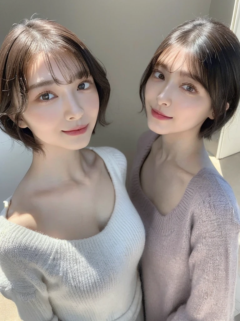 (masterpiece:1.3), (8k, Photoreal, Raw photo, best image quality: 1.4), Japanese high school girl、(random hairstyle:1.2)、cleavage:1.5、super detail face、eye for details、double eyelid、chest to chest、sharp focus:1.2、Beautiful woman:1.4、light brown hair、highest quality、masterpiece、超A high resolution、(Photoreal:1.4)、Highly detailed and professionally lit smiles、loose and light knitwear、shoulder out、thin、serious expression、short haired、deadly position
similar identical twins
All the girls have the exact same face, The two have the same face and figure, as if they were mirror images.