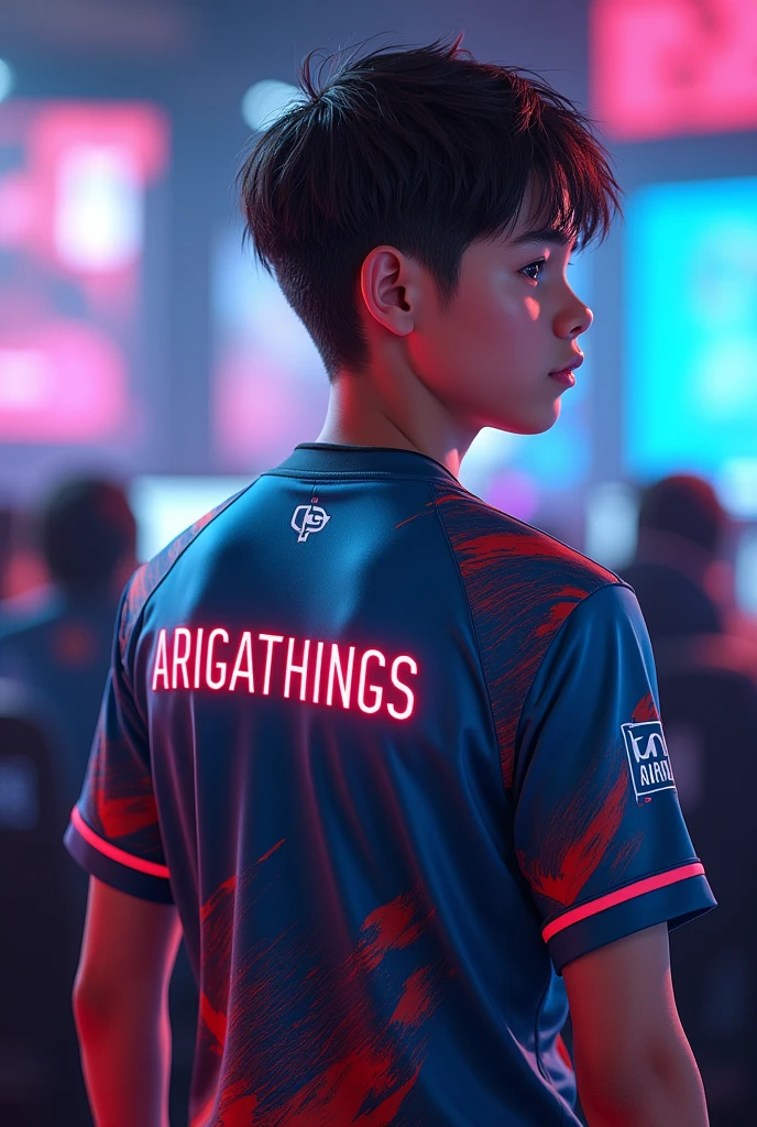 A young man gamer wearing esports jersy with a name "Arigathings" at the back of the shirt