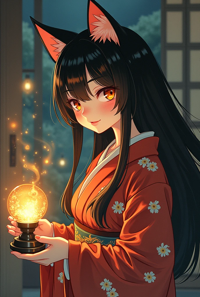 Japanese Yokai、Cat、Anthropomorphic female calico cat:1.5、Detailed whisker pads:1.5、The body is human、Detailed long flowing hair、bangs、Wearing traditional Japanese kimono、Night after night, I lick the oil from the lantern、Traditional Japanese House、Exquisitely detailed kimono texture:1.5、Beautifully detailed fur texture、Very detailed、Ethereal、Shine、mysterious、Fantasy、Ukiyo-e style、Bright colors、Dramatic lighting、Digital Painting、8k、high quality
