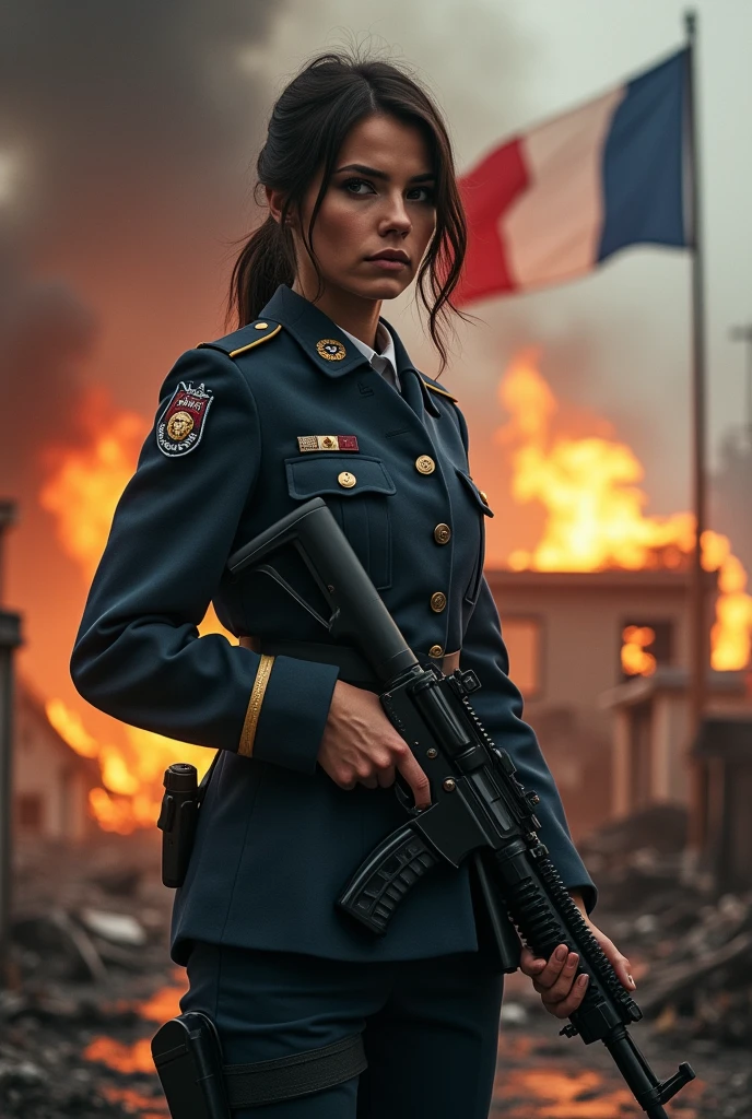 A French female soldier, seen from the front in a burning village with a rifle in his hand and the French flag in the background