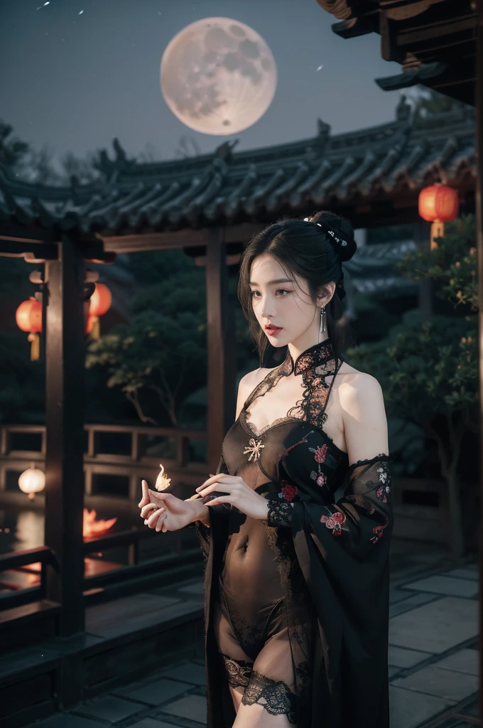 (((best quality))),(((ultra detailed))),(((masterpiece))),illustration,((1 beautiful girl,solo)),(bun hair:1.2),(Ghostly makeup:1.3),(fair skin:1.5),(red lips:1.2),(earrings:1.2),((slim,thin)),((small breasts,flat chest,cleavage)),(black floral embroidered lace dudou:1.5),(thigh loop:1.3),(slender legs:1.2),(stockings:1.3),(standing:1.3),(A huge moon in the sky:1.3),(moonlit Chinese garden courtyard:1.3),(Ghost Festival:1.3),(Ghostly flames are drifting in the air:1.3),elegant and sophisticated,intricate patterns,curves,dark color,striking visual appeal,ethereal,enchanting,ghostly black blossoms,swaying branches,stone pathways,moss,eerie shadows,ancient pavilion,intricate wooden structure,mystery and intrigue,cicadas chirping,auditory symphony,embodiment of the festival's spirit,bathed in the moon's glow,delicate features,raven-black hair,waterfall of darkness,moon's luminance,captivating allure,sleek fabric,clung to frame,accentuating curves,highlighting beauty,striking appearance,ethereal beauty,hauntingly beautiful scene,captured essence,blend of beauty and mystery,(night scene:1.3),((from front,upper body))