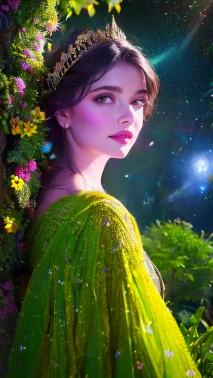 a beautiful girl in a lush garden, surrounded by colorful flowers, gazing up at a starry night sky, (best quality,4k,8k,highres,masterpiece:1.2),ultra-detailed,(realistic,photorealistic,photo-realistic:1.37),extremely detailed eyes and face,longeyelashes,detailed flower petals,detailed starry night sky,vibrant colors,cinematic lighting,intricate background details,fantasy,dreamlike