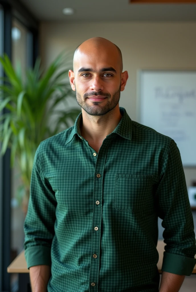 Manager He is a Software Engineer.  His name is Dipen. He has js and aws experience. He has green eyes and is bald. He is fair. He wears green checks shirt and is tall and slim.  Leadership 