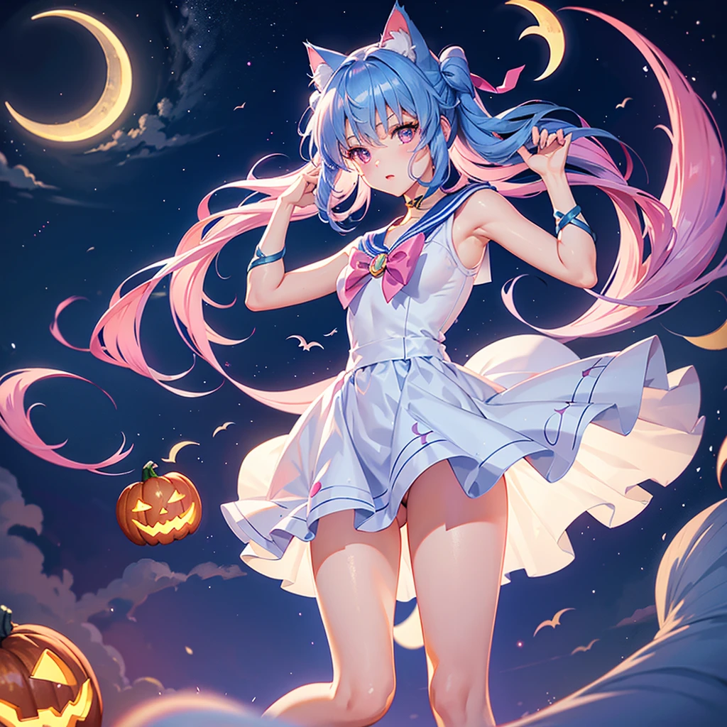 (Sky blue hair),(Medium Hair), (Pink Eyes),Fair skin) ,(whole body),(One Girl),(Crescent Moon),(There are lots of pumpkin ghosts in the background),Cat ear,Cat clothes,Sailor Moon,Cat's Tail,(If you don't give me sweets, I'll play a prank on you.),Halloween Night Party),(masterpiece, Highest quality, Very detailed, Best Shadow), (Detailed Background), (Beautifully detailed face), High Contrast, (Best lighting, Very delicate and beautiful), ((Cinematic Light)), Hyper Detail,8k, Dramatic Light, Intricate details,night,(Bats flying in the background),Pumpkin handbag,There are sweets in the bag,