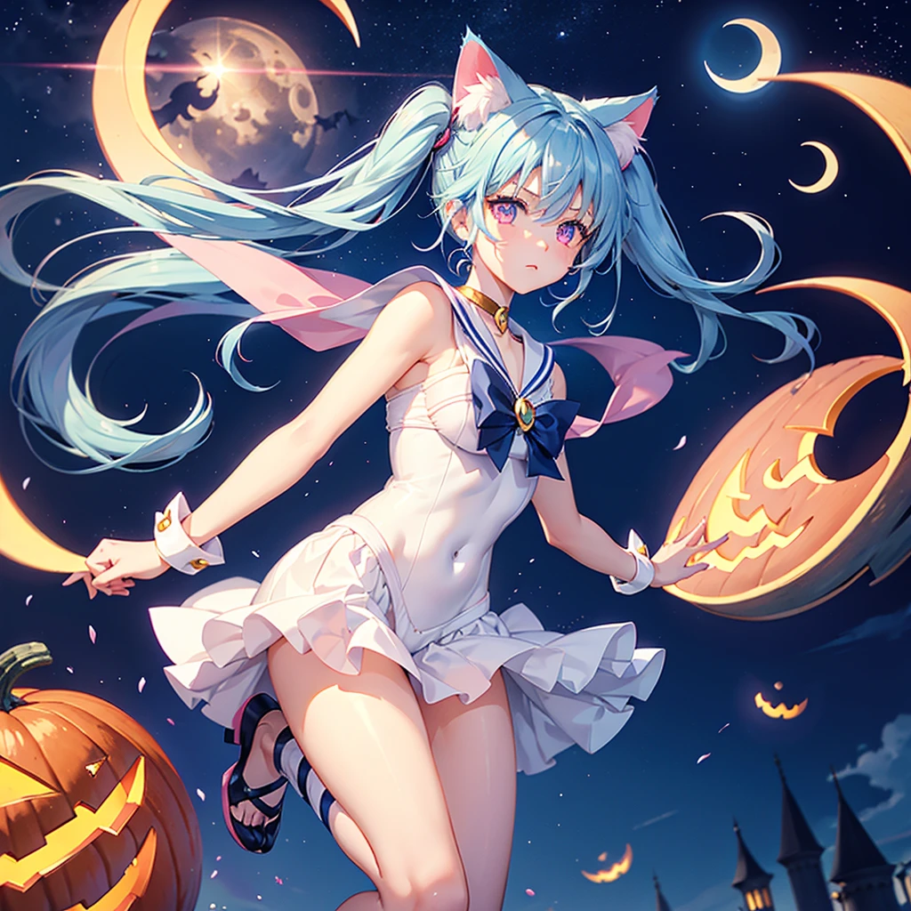 (Sky blue hair),(Medium Hair), (Pink Eyes),Fair skin) ,(whole body),(One Girl),(Crescent Moon),(There are lots of pumpkin ghosts in the background),Cat ear,Cat clothes,Sailor Moon,Cat's Tail,(If you don't give me sweets, I'll play a prank on you.),Halloween Night Party),(masterpiece, Highest quality, Very detailed, Best Shadow), (Detailed Background), (Beautifully detailed face), High Contrast, (Best lighting, Very delicate and beautiful), ((Cinematic Light)), Hyper Detail,8k, Dramatic Light, Intricate details,night,(Bats flying in the background),Pumpkin handbag,There are sweets in the bag,