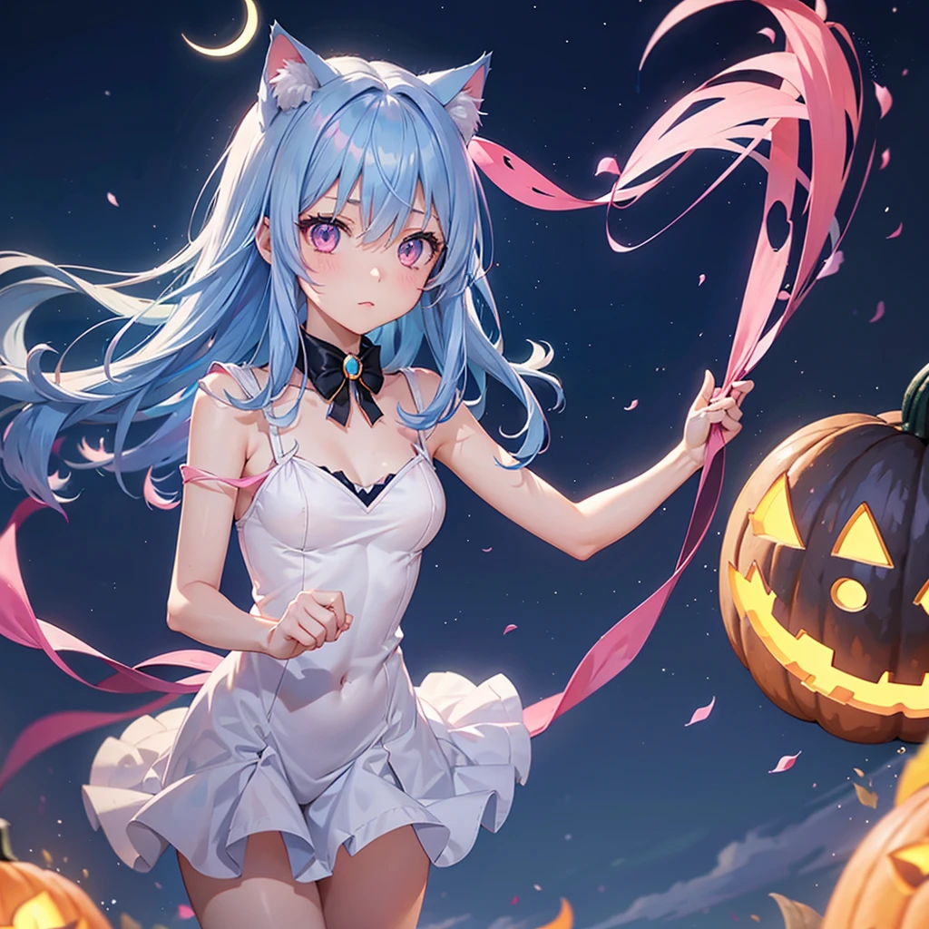 (Sky blue hair),(Medium Hair), (Pink Eyes),Fair skin) ,(whole body),(One Girl),(Crescent Moon),(There are lots of pumpkin ghosts in the background),Cat ear,Cat clothes,Cat&#39;s Tail,(If you don't give me sweets, I'll play a prank on you.),Halloween Night Party),(masterpiece, Highest quality, Very detailed, Best Shadow), (Detailed Background), (Beautifully detailed face), High Contrast, (Best lighting, Very delicate and beautiful), ((Cinematic Light)), Hyper Detail,8k, Dramatic Light, Intricate details,night,(Bats flying in the background),Pumpkin handbag,There are sweets in the bag,