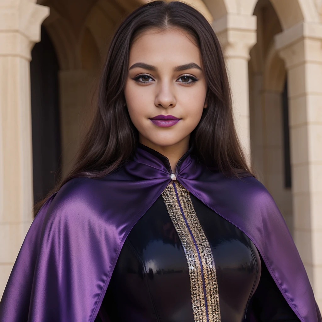 a gorgeous 12 year-old girl, black spandex suit, purple satin cape, purple lips, black eyeliner, dreamy smirk, extremely detailed, 4k, perfect face