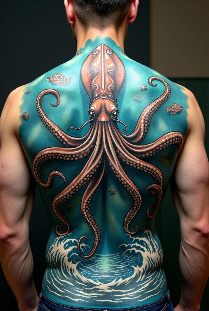 A tattoo on the back about a squid