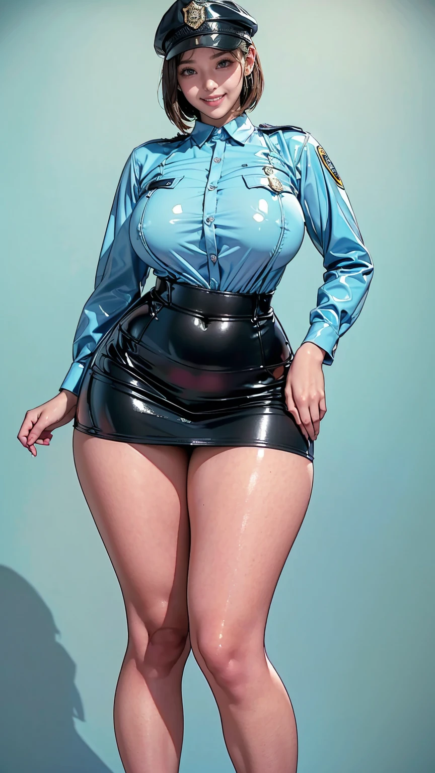 Blue blank background, (1girl:1.3), Photo from the waist up, Anatomically correct, Accurate Anatomy, (Fitted clothing, Camel Knob, A light blue fitted shirt made of latex, Black latex miniskirt, Police style:1.3), Smiling with some teeth showing, (Thick thighs:1.2), (Her breasts are of normal size:1.3)