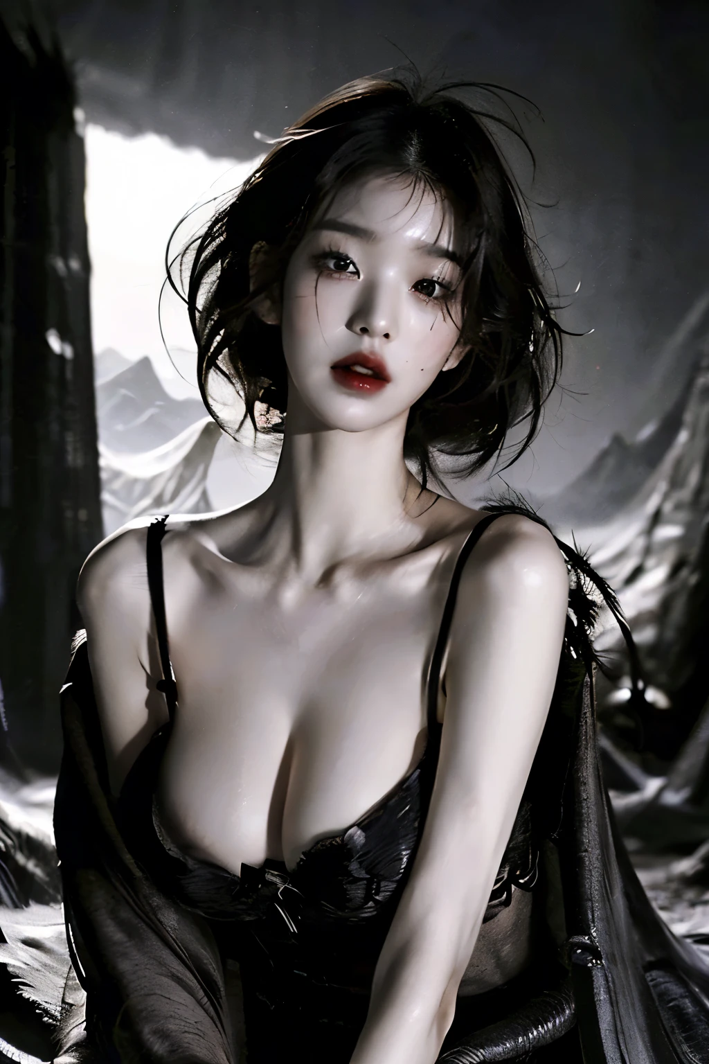 ((masterpiece , best quality, 8k,)), Korean woman in her 20s  , slim , (huge breasts:1.3) , (I have a lot of hair.: 1.3), (messy hair:1.3) , Short hair style, (dark circles under the eyes:1.3) , (laugh: 1), (Dark cave: 1.2), (thin clothes: 1.3), devil, red lips, red eyeshadow