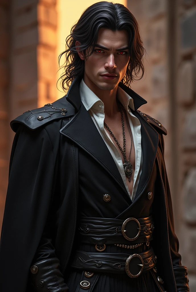 25 years old man 
Is tall.  
Has dark hair.  
Has an extremely attractive appearance, with an otherworldly look.  
Has a lean and muscular build.  
Has a pair of intense crimson eyes.  
Has very sharp fangs and claws.  
Wears elegant and revealing clothes that highlight his appearance.  
Comes from a medieval fantasy world.
A smug smile on his face 