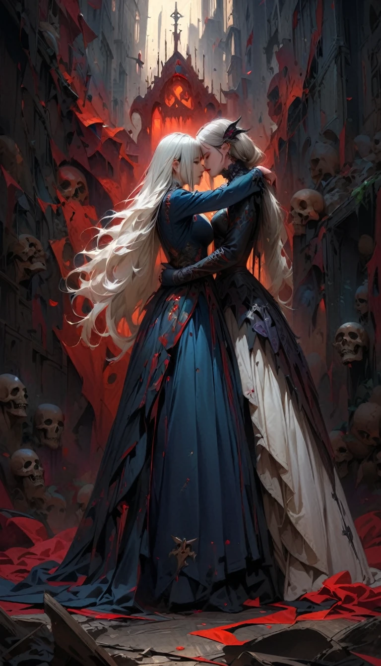 (best quality,4k,8k,highres,masterpiece:1.2), ultra-detailed, (realistic,photorealistic,photo-realistic:1.37),(best quality:1.2), 1 girls,1 boy,, face to face, looking at each other, standing apart, both standing apart, kissing, blue jeans, full body,(best quality, high resolution, ultra-detailed), A scary girl, full body, pale skin, (long white hair) and crazy, (((golden eyes))), dark and mysterious appearance, iron nails,(( white hair)) gothic aura, evil smile, demonic presence, dark shadow, black lipstick, frighteningly beautiful, frightening atmosphere, penetrating gauze, intense expression, shrouded in shadows, threatening aura, dressed in black, frightening vibration, sinister presence, mystical background , distorted creativity, frighteningly elegant, mesmerizing presence, enchanted darkness, sinister vibration, devilish charm, fierce and powerful, ethereal beauty, macabre charm, intoxicating allure, magical aura, imposing presence