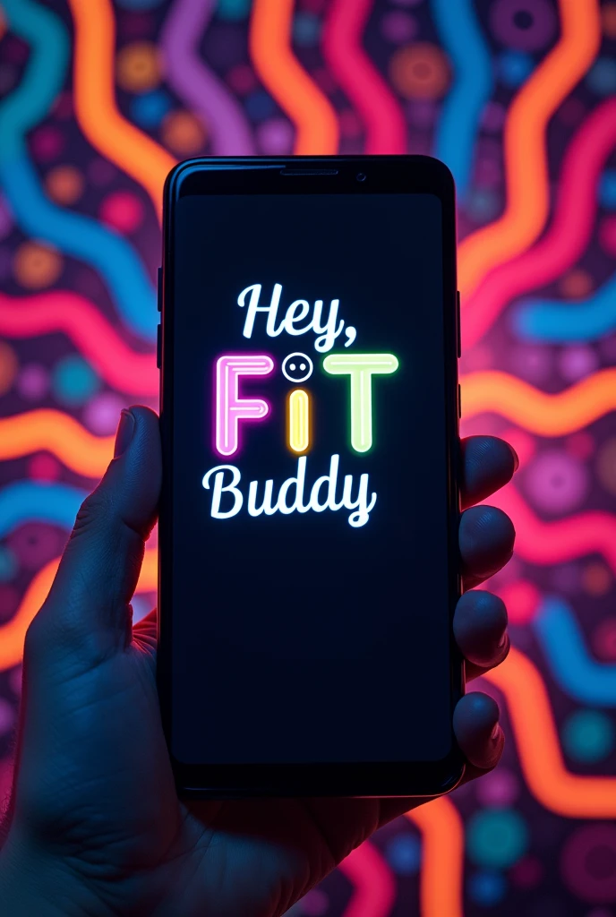 Holding smartphone with the word "Hey, FIT Buddy" and "smiling emoji" written on the smartphone screen, background rainbow color neon light line drawing of detailed diagram, fantasy art