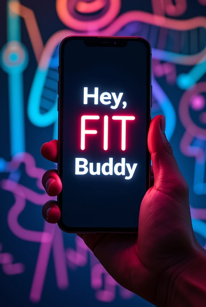 Holding smartphone with the word "Hey, FIT Buddy" and "smiling emoji" written on the smartphone screen, background rainbow color neon light line drawing of detailed diagram, fantasy art