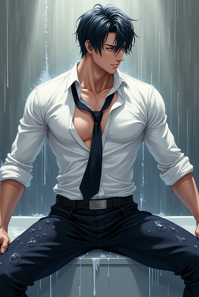 （1 Adult male），A high resolution， Sharp focus， Pixiv masterpiece， （（Complicated details））， highly detailed， natsuki_subaru， 1 man，perfect male figure, wet yourself, wet white shirt, transparent shirt, wet tight shirt, wear a tie, wear a belt, drenched, legs spreading, bulge in pants, all wet