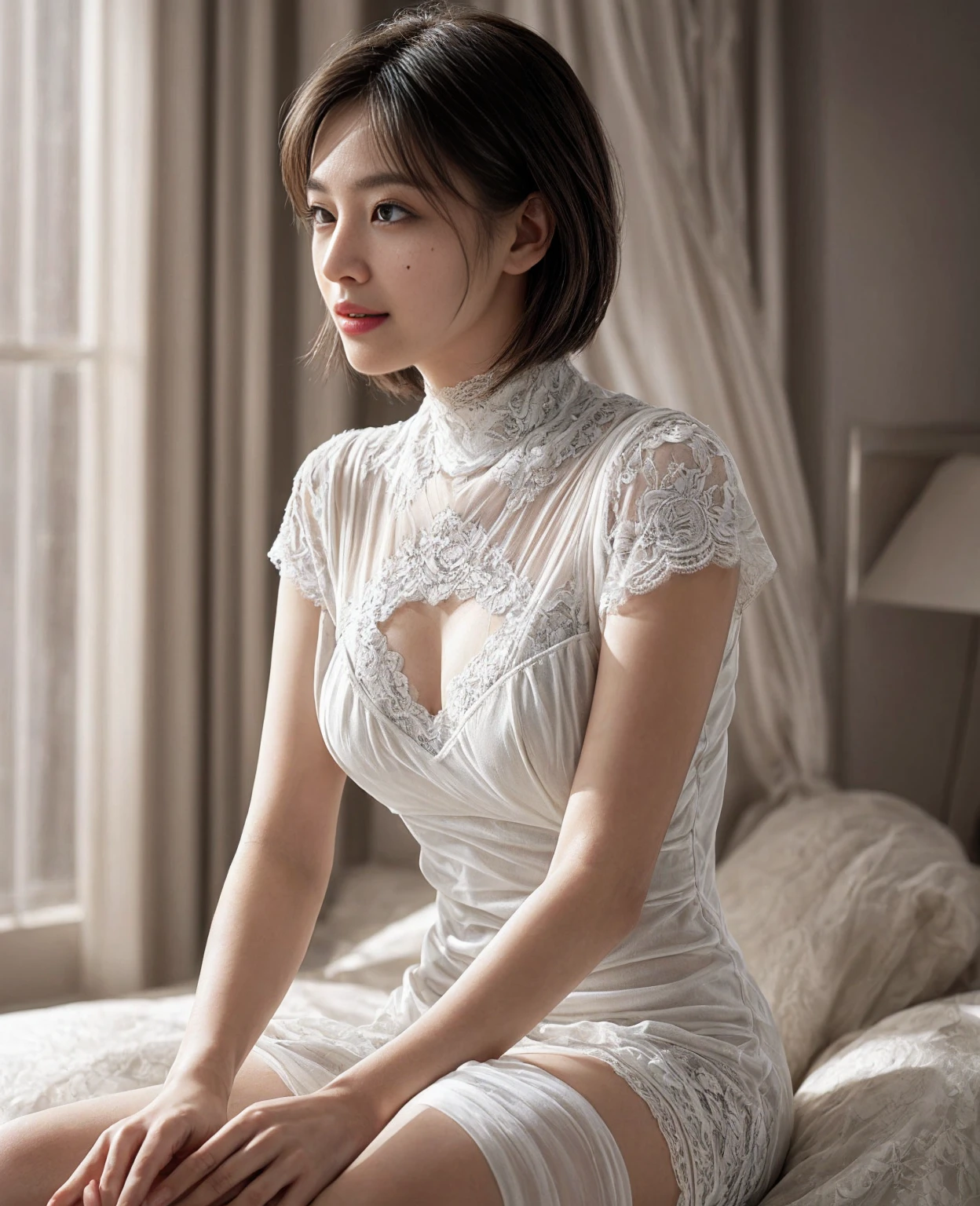 Ashley Emmaline, short hair, curly hair, girl, ultra beautiful, happy, slightly closed eyes, thin night gown, tatoo, sit on the bed, full shot, white lighting,  silver hair, elegant background, light background, white room, dreamy, look away, in style of white, look down