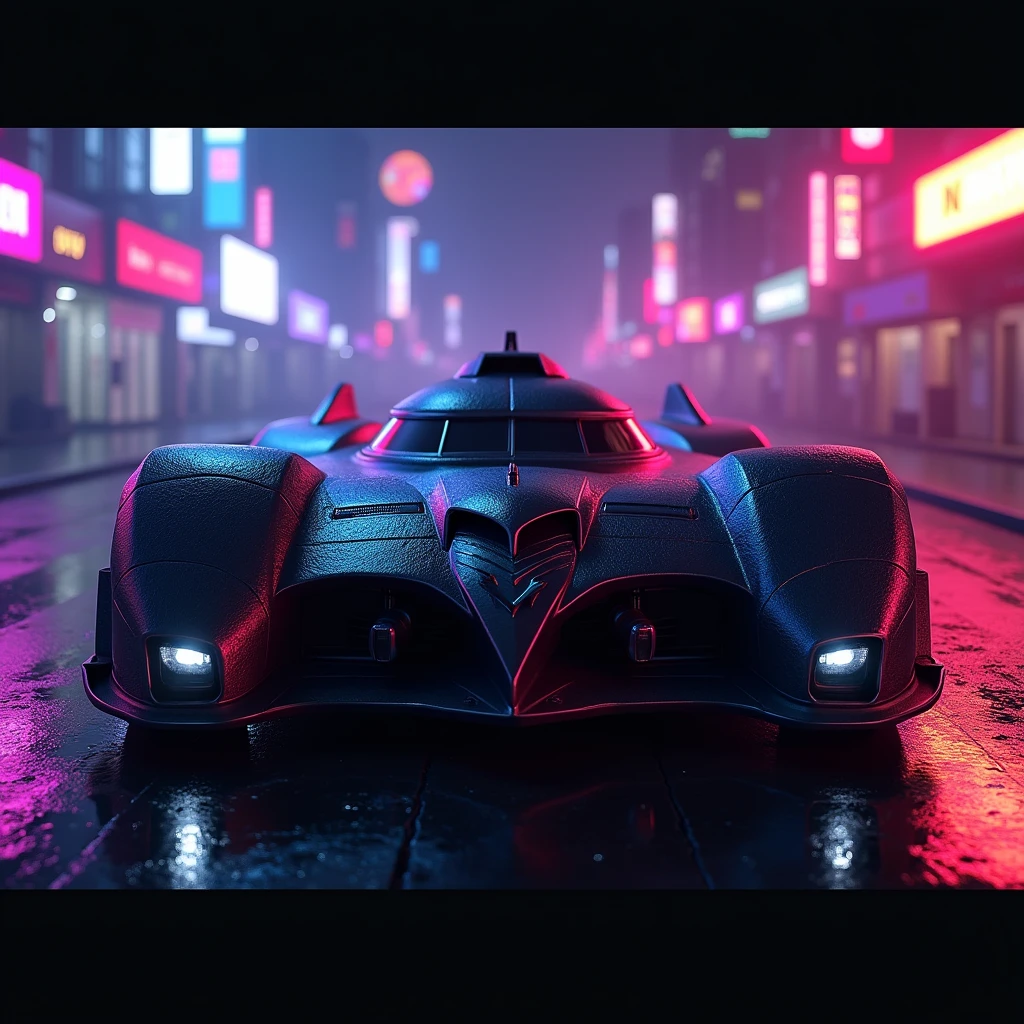 (masterpiece, 8K, UHD, high resolution: 1.4), (retro-futuristic Batmobile inspired by 80s cars: 1.3), (neon lights and vivid color details: 1.3), (sleek and angular design: 1.2), (dark and brooding atmosphere: 1.2), (neon-lit cityscape in the background: 1.1), (glowing accents in purple, blue, and red: 1.2), (dynamic pose and intense expression: 1.2), (atmosphere of anticipation and readiness: 1.3), (detailed and intricate design: 1.3), (elements of retro and futuristic aesthetics: 1.2), (immersive and dramatic perspective: 1.3)