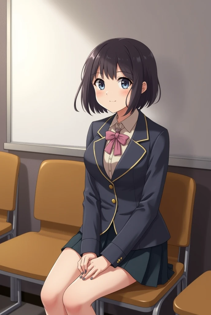 Japanese Girls 18-year-old mini skirt Smile short hair boyish blazer Sitting in a chair classroom
