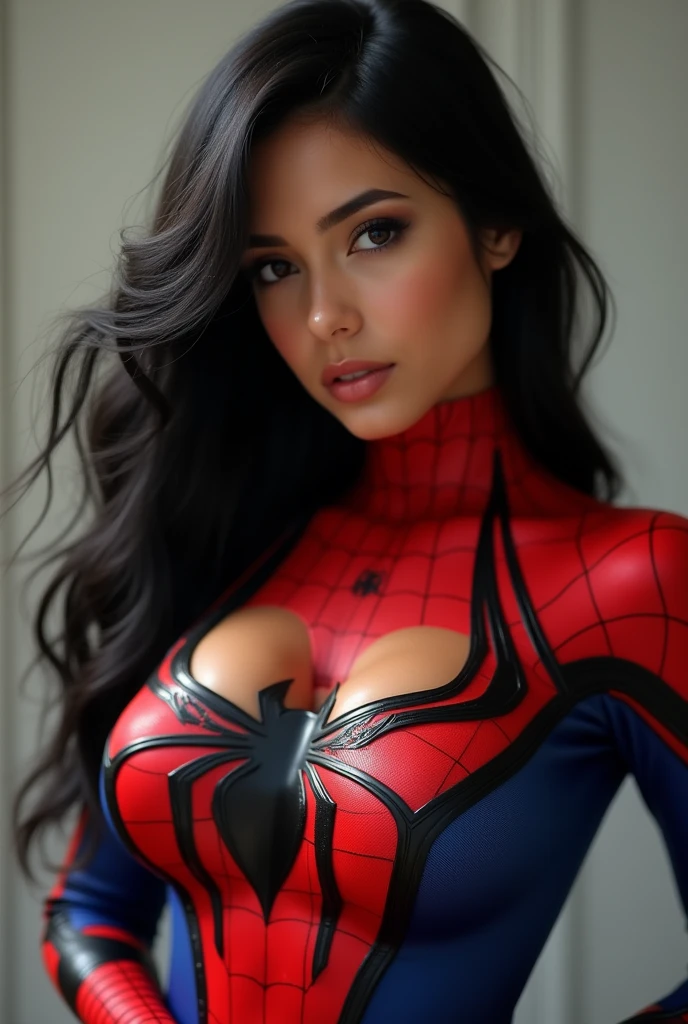  girl, supermodel, (large breasts), (top), curves, narrow waist, soft lighting, grainy upper body, from above, girl, supermodel, (medium breasts), (top), bangs, curves, narrow waist, soft lighting, grainy upper body, from above, epiCPhoto, (open pussy, pussy, open legs, showing ass) in spiderman costume, spiderman cosplay, spiderman costume with red and black,