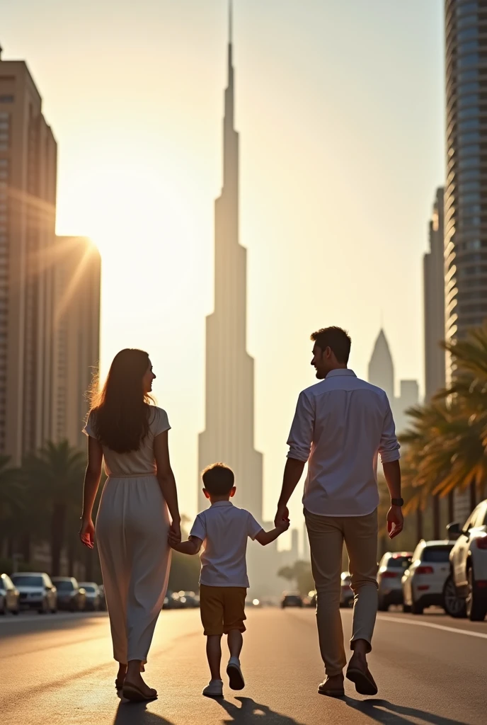 a man and holding his son hand and beside his wife, all of the them walking on street behind dubai city exist and, Burj Khalifa tower.