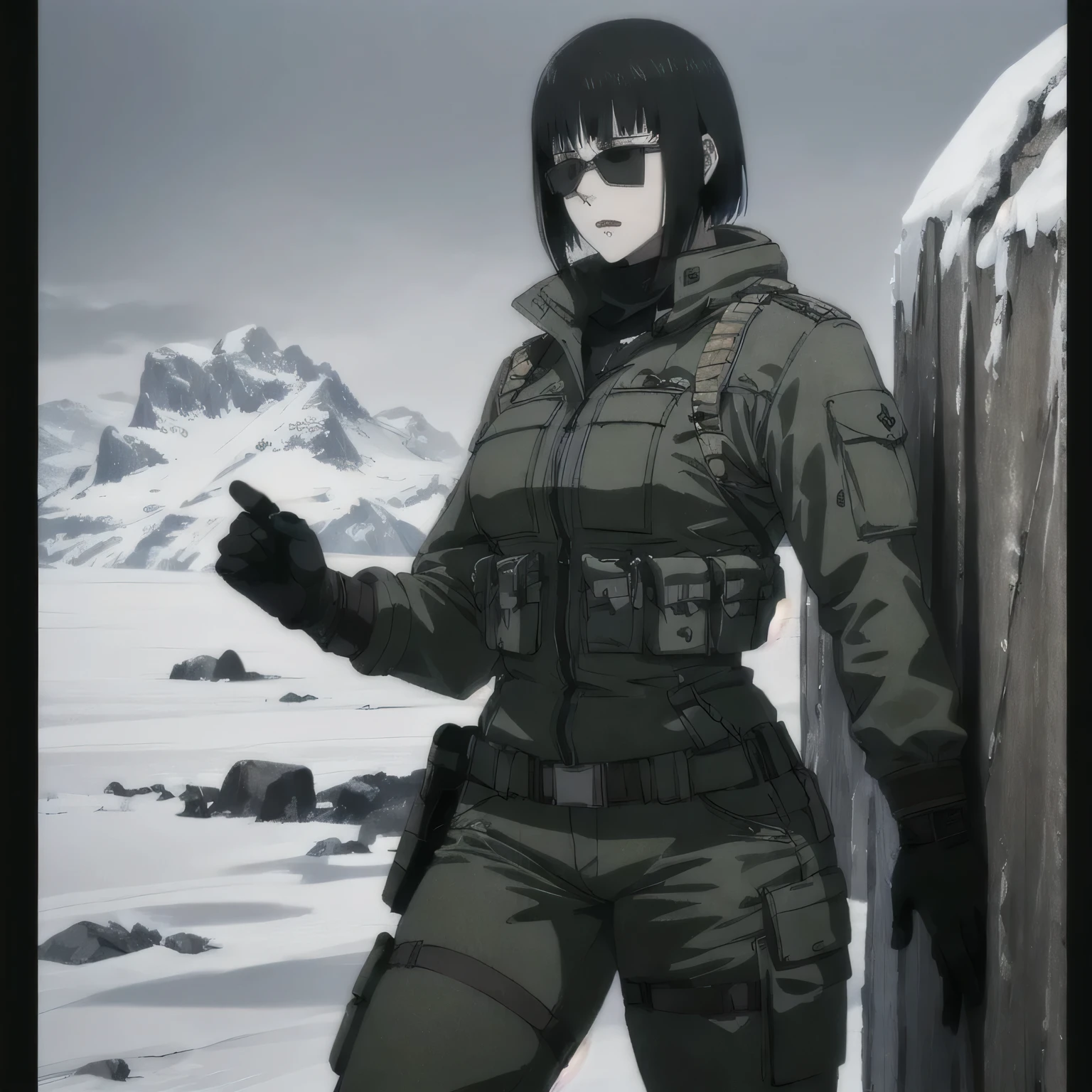 (best quality,ultra-detailed,realistic:1.37),musclaur badass girl with sculpted body, full review of the female character's face and body, intense expression, strong and confident posture, studio lighting, vivid colors, physiologically-based rendering, grungy texture, rugged background, dust particles in the air, commanding presence, professional, powerful, gritty aesthetics,,Valmet،short hair,wearing winter camouflage trousers and winter military jacket,in ice mountain,(1girl solo),sunglasses,leaning on the wall