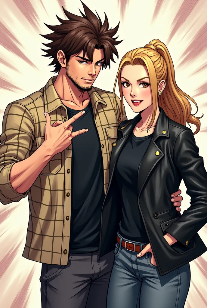 Create a stylized illustration of two young adults posing together in the iconic art style of JoJo's Bizarre Adventure. The man on the left has messy brown hair and a short beard, wearing a beige plaid shirt and a black T-shirt. He is making the 'rock on' hand gesture. The woman on the right has long blonde hair, tied back, wearing a black leather jacket. She is winking and also making the 'rock on' hand gesture. Both characters should have exaggerated, dynamic poses, with sharp, defined facial features and intense expressions typical of the JoJo style. Include dramatic shading, bold colors, and dynamic lines to emphasize the characters' energy and presence. The background should be minimalistic, focusing attention on the characters, with a few abstract shapes or lines that enhance the overall dramatic effect."
Ratio 16:9