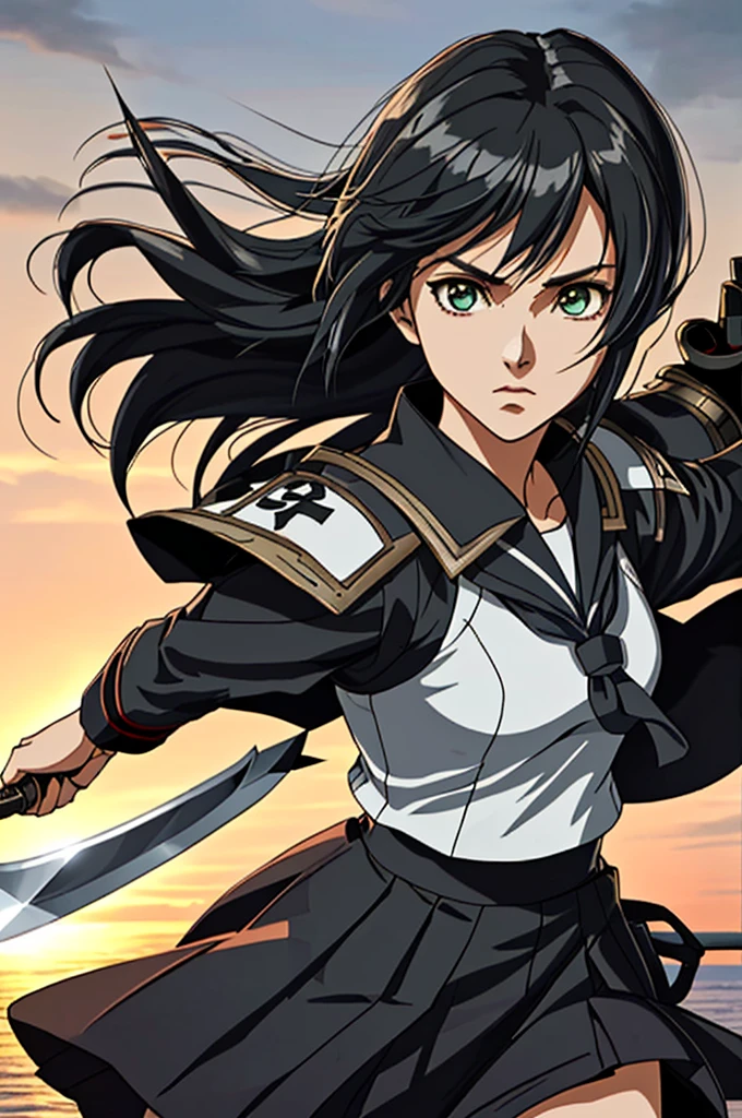 Highest quality, masterpiece, High resolution, alone, (fubuki_Fleet Collection), roar_mouth, Spirit, 1 Girl, anchor_symbol, skirt, knife，日本knife，armor，Shroud，Battleship，aircraft carrier，Zero Fighter，Sky_background，brigandine,gat,hauberk,Evening sky_background，Anime Style, Highest quality, 4K, masterpiece, Standing girl, 1 girl, alone, 1 , Upper Body, (Front angle),(Two arms)，Looking at the camera, ,Shinkai Makoto style, Sailor suit, Black Hair，Black Hair，(青いskirt),(Full Finger),(Accurate fingertips), (The finer details),(Anatomically correct),Hyper Detail, (Subtle details), (Intricate details), Octane Rendering，