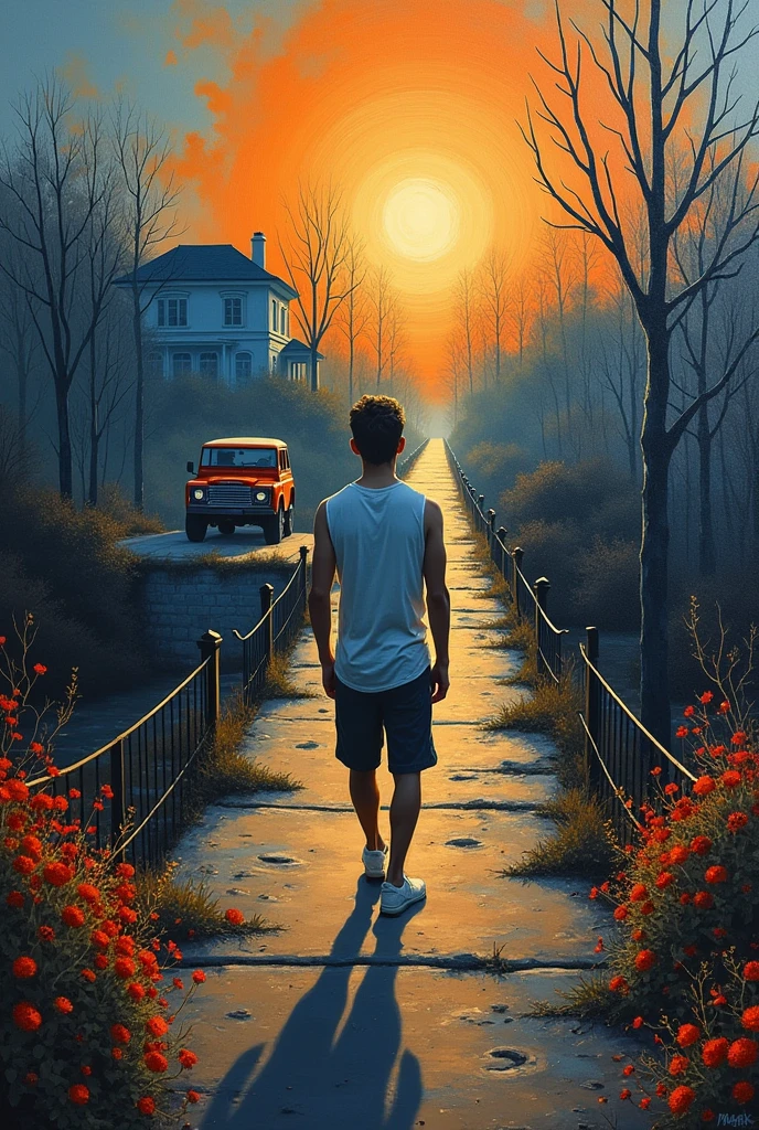 oil painting + artstation front view of a young man slender athletic realism body, italian boy he is crossing a bridge leaving behind at one end of the bridge darkness, ghosts, dried trees_flowers, at the other end of the bridge there is light, vibrant colored flowers, orange trees, a blue mansion, radiant sky, an orange land rover, dramatic scene, evokes leaving depression behind and crossing over into life, the bridge is the transition