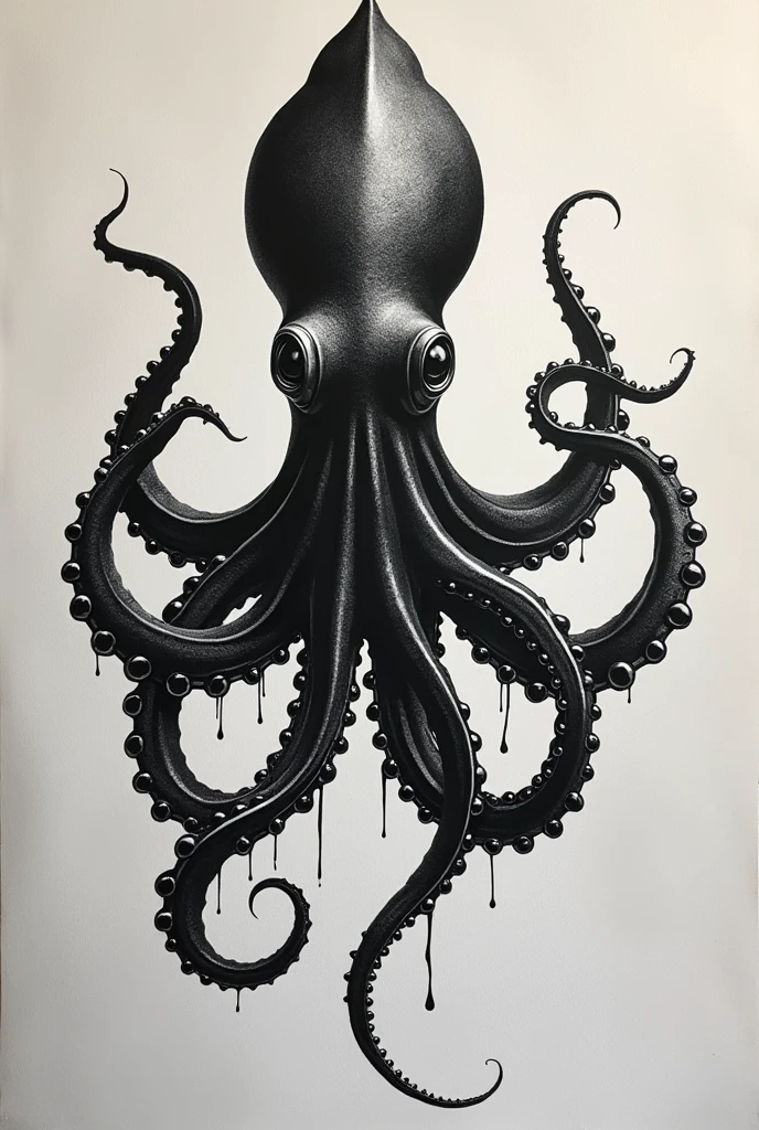 A tattoo on the back about a squid in black and white