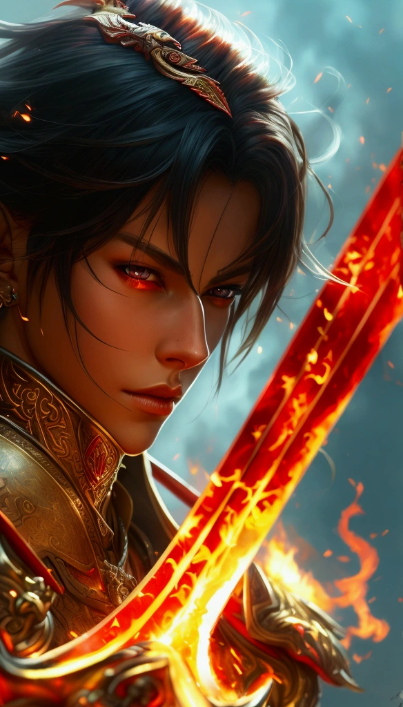 A flaming red sword, Red and gold color scheme, Intricate details, 8k, Highest quality, masterpiece, Approaching perfection, Professional art, Official Art,Lots of flames