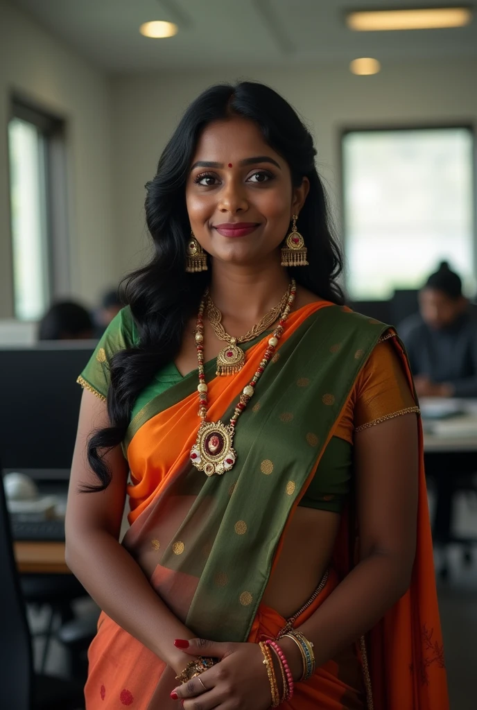 a sexy tamil aunty in office, dark skin, sexy smile, office maid busty, saree, big ass, black lipstick, high heels,