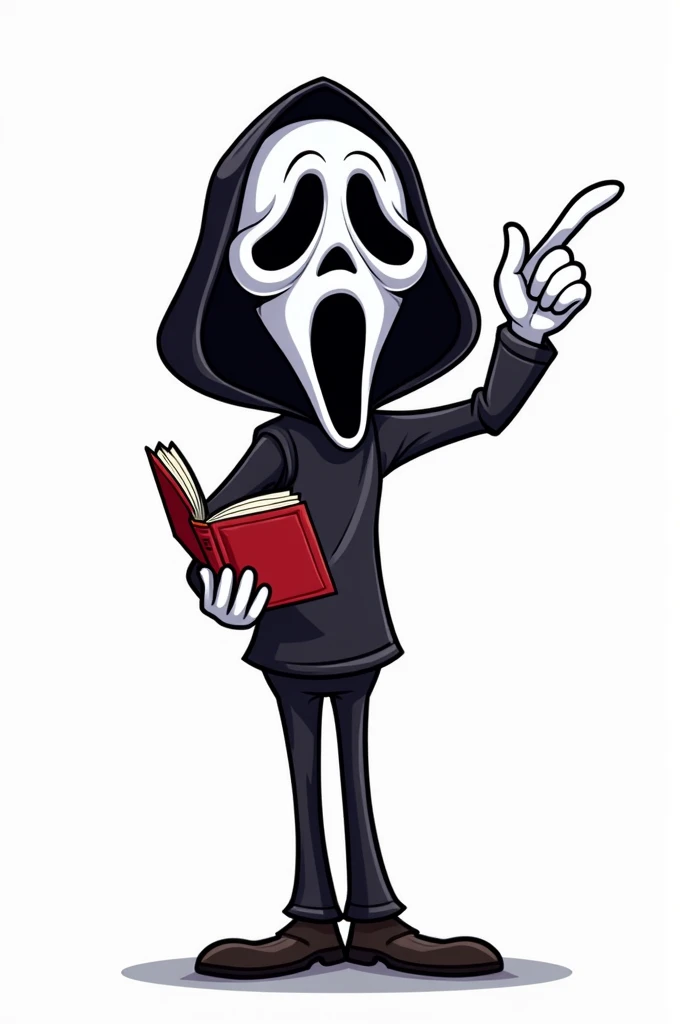 draw a drawing in the proportions 2000x 2000, with a completely white background, colored in the cartoon style of the character from the film Scream, holding an open book in his right hand, pointing the index finger of his left hand at someone
