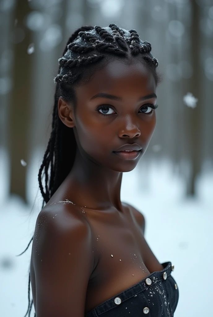 1 girl, african, black eyes, (naked), forest background, snowy, photorealistic, masterpiece, best quality, upper body, highly detailed, ultra realistic