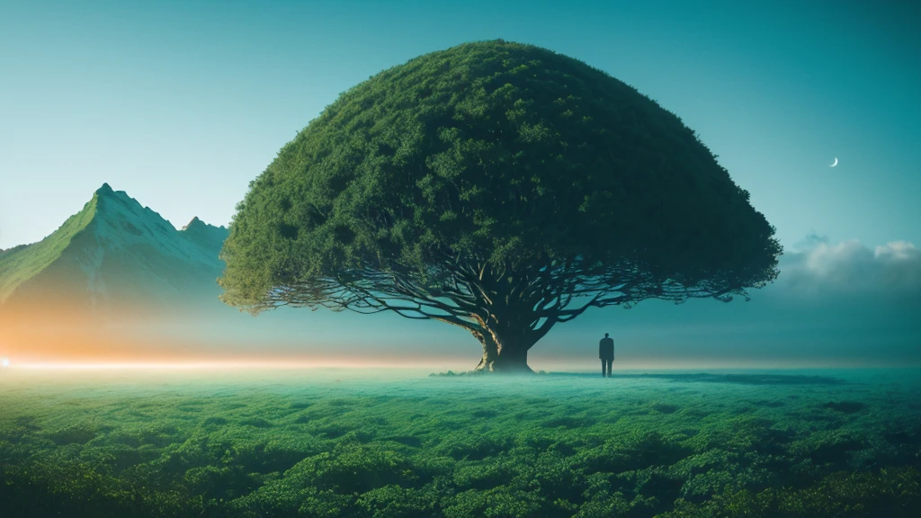 Photorealistic drone photo of a mountain slope covered in dense vegetation with a mist of humidity. In the center of the picture is a man with a faithful dog and a drone explorer. They set foot on a lonely unknown planet, A certain visible and invisible oceans stretched before the eyes of the astronaut, boasting a variety of shades from turquoise to deep blue. Islands, covered with strange and magical trees, shone on the surface of the water, Like little gems. Kodak ektar film, 35mm photography, professional lighting, deep aesthetic, microscopic details, contemporary art, dreamlike surrealism, The scene is epic and mysterious, reminiscent of the X-Files, dreamy, ethereal, ultra-detailed, Strong contrast, Good depth of field, 8K wallpaper, Masterpiece, Aesthetic illustration in realistic style, Dark Clouds almost completely covered the sky, the air is very humid, urgently outside