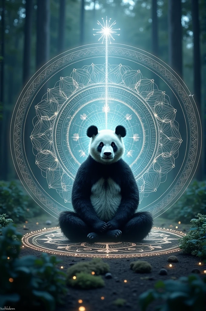 Panda bear in mandala, in a dimly lit forest