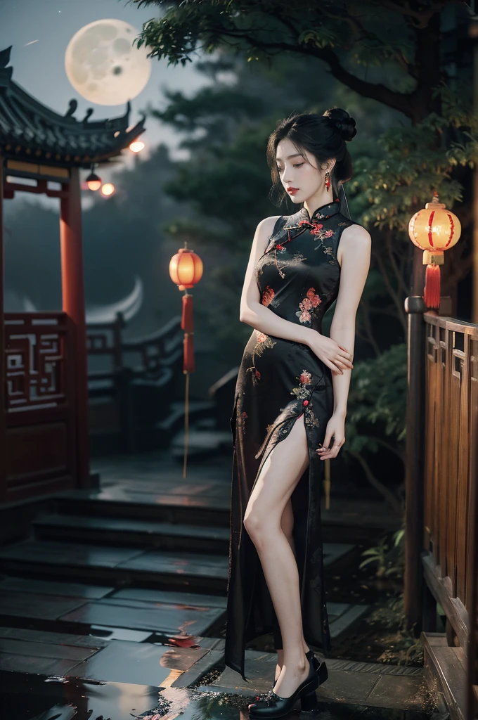 (((best quality))),(((ultra detailed))),(((masterpiece))),illustration,((1 beautiful girl,solo)),(bun hair:1.2),(Ghostly makeup:1.3),(fair skin:1.5),(red lips:1.2),(earrings:1.2),((slim,thin)),((small breasts,flat chest,cleavage)),(black floral embroidered lace sleeveless cheongsam:1.5),(thigh loop:1.3),(slender legs:1.2),(stockings:1.3),(loafers:1.2),(standing:1.3),(A huge moon in the sky:1.3),(moonlit Chinese garden courtyard:1.3),(Ghost Festival:1.3),(Ghostly flames are drifting in the air:1.3),elegant and sophisticated,intricate patterns,curves,dark color,striking visual appeal,ethereal,enchanting,ghostly black blossoms,swaying branches,stone pathways,moss,eerie shadows,ancient pavilion,intricate wooden structure,mystery and intrigue,cicadas chirping,auditory symphony,embodiment of the festival's spirit,bathed in the moon's glow,delicate features,raven-black hair,waterfall of darkness,moon's luminance,captivating allure,sleek fabric,clung to frame,accentuating curves,highlighting beauty,striking appearance,ethereal beauty,hauntingly beautiful scene,captured essence,blend of beauty and mystery,(night scene:1.3),((from front,full body))