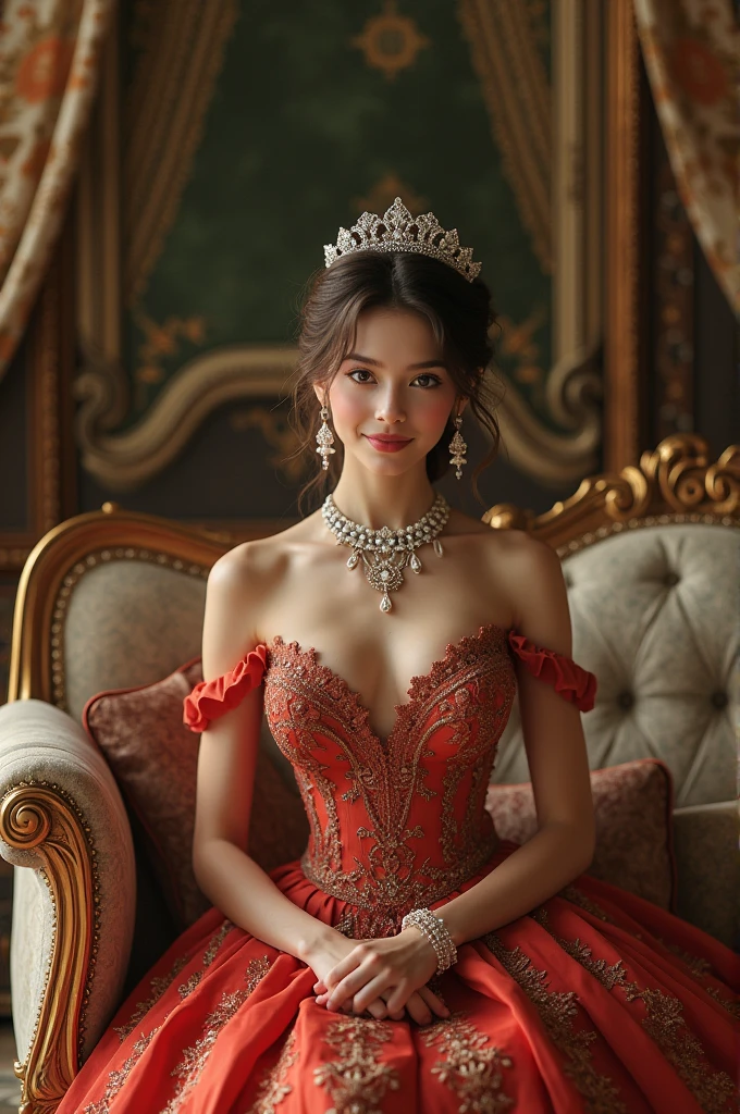 Girl in fancy clothes and wearing jewelry sitting on a sofa.
