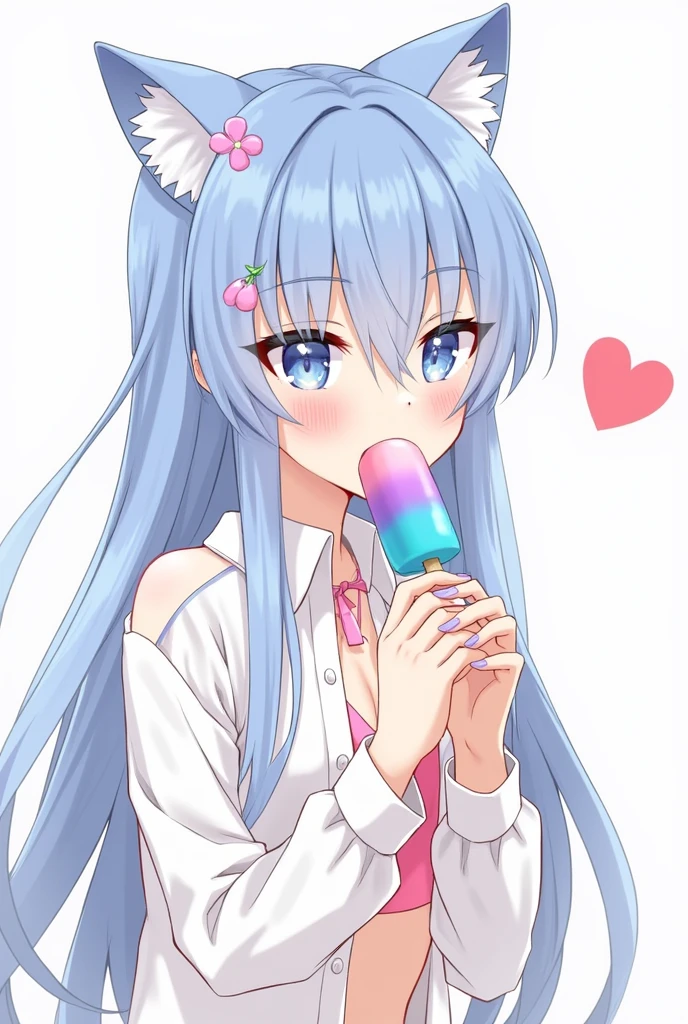 One girl, blue eyes, Long Hair, Blue Hair, Long sleeve, bangs, Cat ear, hair ornaments, Sleeves are longer than the wrist, blush, collared, Staring at the audience, One side up, Hair between the eyes,beautiful girl, Close your mouth, Heart symbol on background,bikini,Licking a popsicle, Beach,Licking the popsicle,See-through shirt