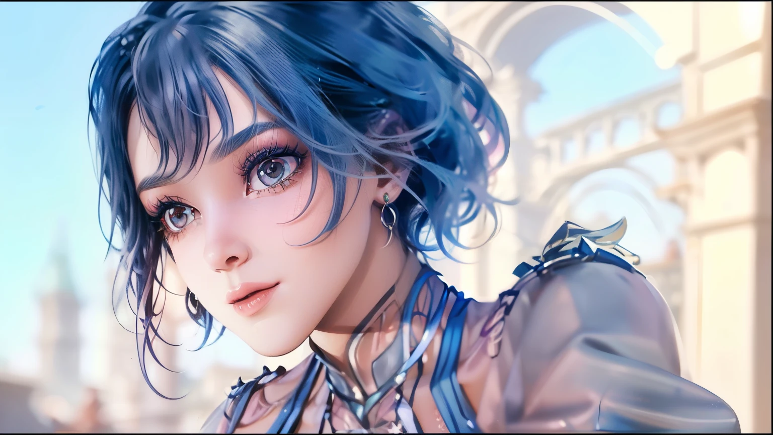 (best quality, masterpiece), 1girl, beautiful girl, brown_eyes, ((hair color [blue and pink hair], [pixie cut with bangs] hair)), earrings, lips, short sleeves,realistic, narrow waist, charming, colorful makeup, long eyelashes, fair skin, (cute), (detailed face), detailed eyes, detailed iris, consistent character, diferent pose